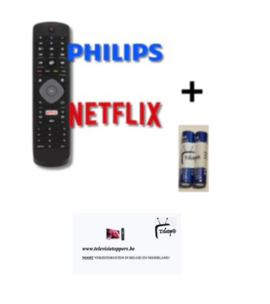 Universele Philips Afstandsbediening geschikt voor alle Philips Tv's met Netflix knop + 2 batterijen Teletop®